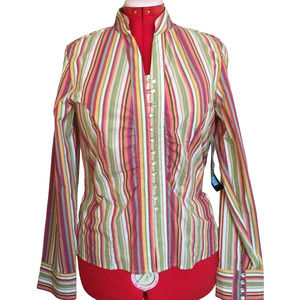 Relativity Fitted Shirt Women Size L Multicolor Stripe Long Sleeve Pearl Buttons